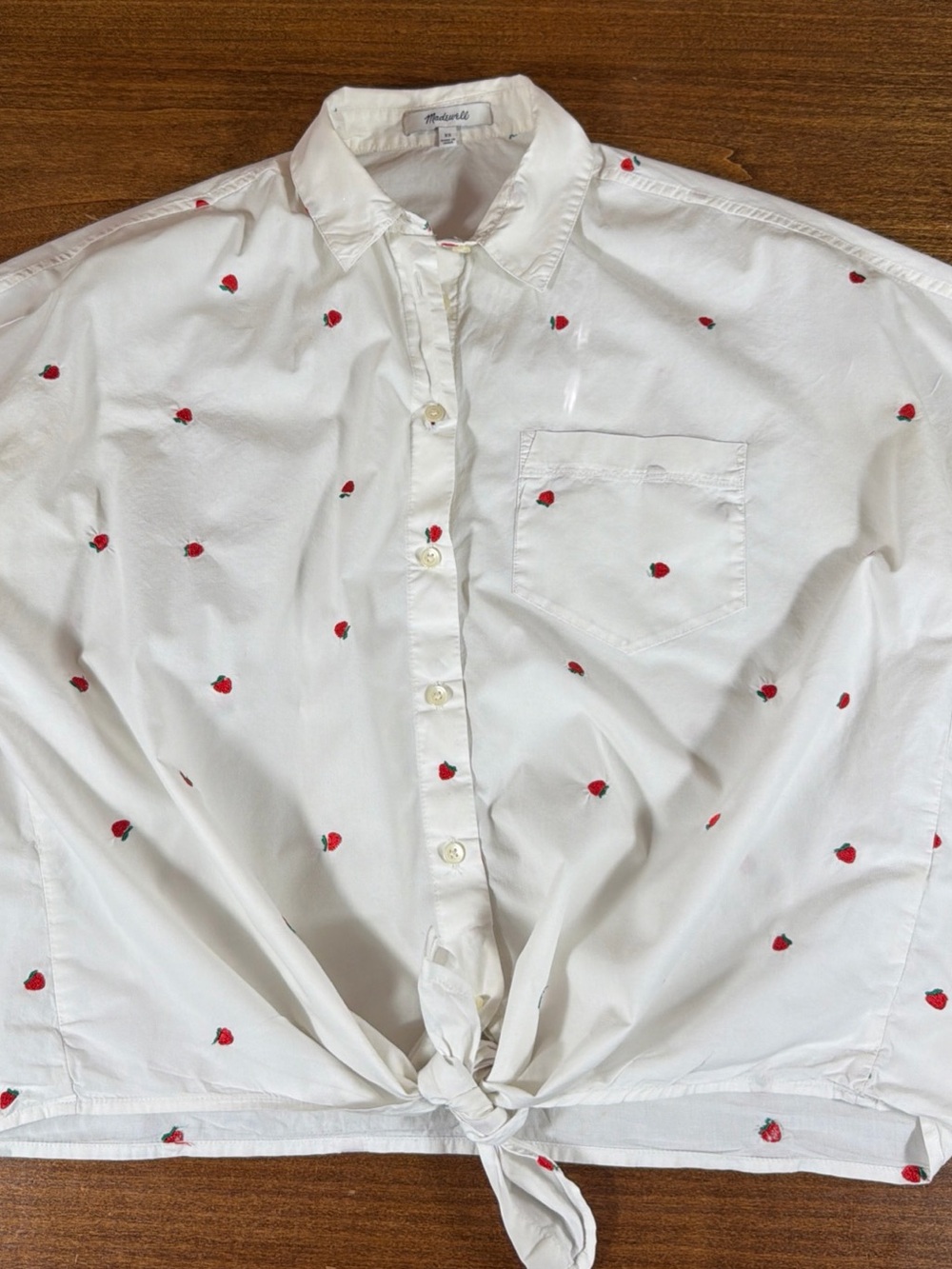 Madewell Women’s Embroidered Strawberries Tie Front Button Blouse